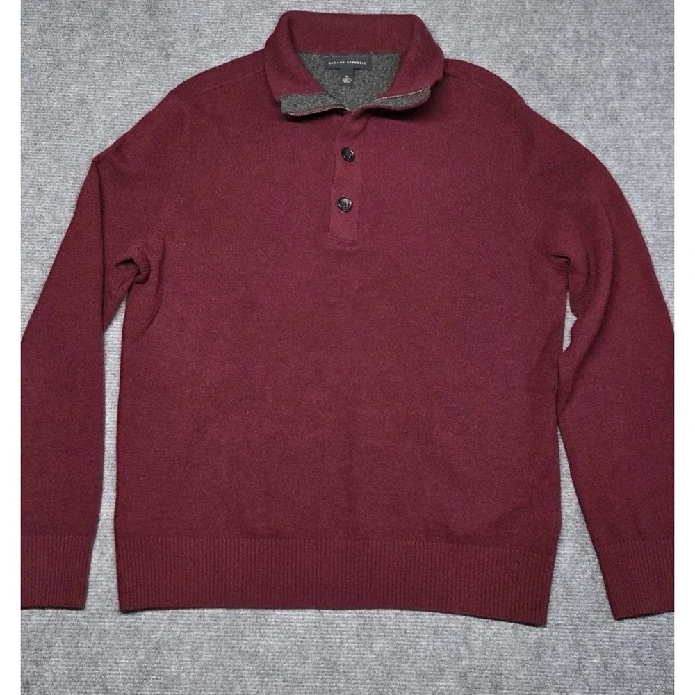 Banana Republic Merino Wool Sweater Men Medium Red Button Mock Neck Pullover